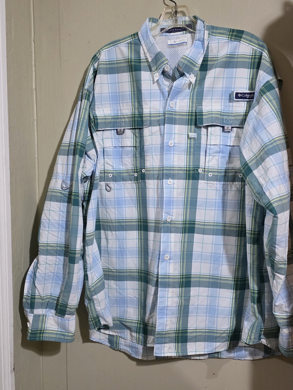 Columbia PFG Long Sleeve Plaif Fisching Shirt Blur Green Mens Size L